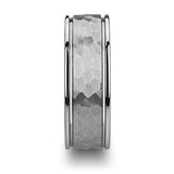 THORNTON Hammered Finish Center White Tungsten Carbide Wedding Band with Dual Offset Grooves and Polished Edges