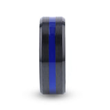 DECLAN Men’s Beveled Black Ceramic Brushed Finish Wedding Band with Polished Blue Stripe