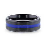 DECLAN Men’s Beveled Black Ceramic Brushed Finish Wedding Band with Polished Blue Stripe