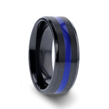 DECLAN Men’s Beveled Black Ceramic Brushed Finish Wedding Band with Polished Blue Stripe
