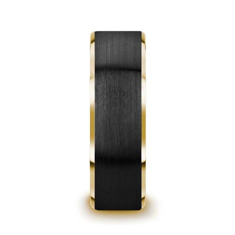 Gaston Gold Plated Tungsten Polished Beveled Ring With Brushed Black Center - Mens Rings