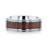 MOCHA Koa Wood Inlaid Titanium Men's Wedding Ring With Polished Milgrain Edges