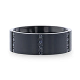 MYSTERIOUS Flat Brushed Black Titanium Men's Wedding Ring With 6 Sets of Quadruple Black Sapphires In Horizontal Channels