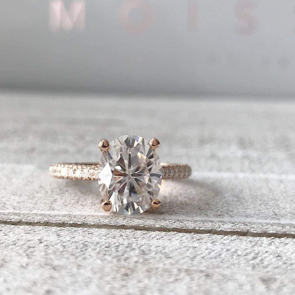 Sabrina ~ 18Kr- 10X8Mm - Oval Moissanite Diamond Cathedral And Triple Edge Band - Ring