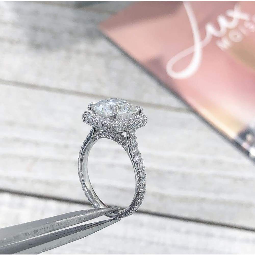 Savannah ~ 18Kw 7.5Mm Cushion Charles & Colvard Moissanite Diamond Halo And Band - Ring