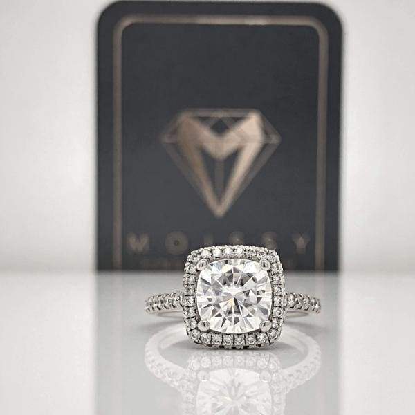 Savannah ~ 18Kw 7.5Mm Cushion Charles & Colvard Moissanite Diamond Halo And Band - Ring