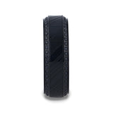 TROPHY Black Damascus Steel Inlaid Polished Black Titanium Men's Band With Black Sapphire Beveled Edges