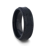 TROPHY Black Damascus Steel Inlaid Polished Black Titanium Men's Band With Black Sapphire Beveled Edges
