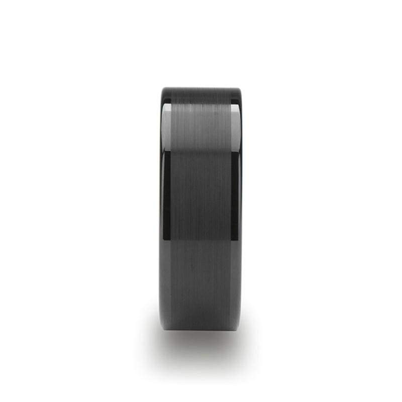 Vulcan Flat Black Tungsten Ring With Brushed Center & Polished Edge - Mens Rings