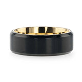 VELVET Flat Brushed Black Titanium Men's Wedding Ring With Yellow Gold Plating Interior And Beveled Polished Edges