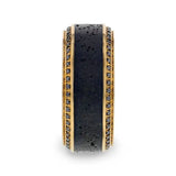 HYPERION Lava Inlaid 10K Yellow Gold Wedding Ring Polished Beveled Edges Set with Round Black Diamonds