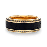 HYPERION Lava Inlaid 10K Yellow Gold Wedding Ring Polished Beveled Edges Set with Round Black Diamonds