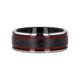 OLIS Wire Finish Centered Black Tungsten Men's Wedding Band With Double Red Stripe Polished Beveled Edges