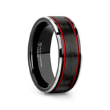 OLIS Wire Finish Centered Black Tungsten Men's Wedding Band With Double Red Stripe Polished Beveled Edges