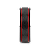 OLIS Wire Finish Centered Black Tungsten Men's Wedding Band With Double Red Stripe Polished Beveled Edges