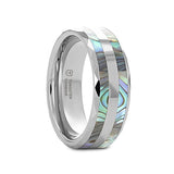 PAUA Double Mother of Pearl Shell Inlay Faceted Tungsten Ring With Beveled Polished Edges