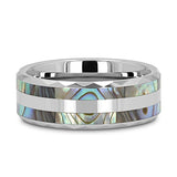 PAUA Double Mother of Pearl Shell Inlay Faceted Tungsten Ring With Beveled Polished Edges