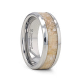 MESOZOIC Men’s Tungsten Flat Beveled Wedding Ring with White Dinosaur Bone Inlay