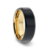 VELVET Flat Brushed Black Titanium Men's Wedding Ring With Yellow Gold Plating Interior And Beveled Polished Edges