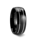 ECLIPSE Domed Black Tungsten Ring with Polished Offset Grooves