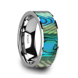 LAURANT Tungsten Men’s Flat Wedding Band with Mother of Pearl Inlay & Polished Finish