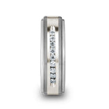 HARPER Tungsten Wedding Band with Raised Center & Brushed Silver Inlay and 9 Channel Set White Diamonds
