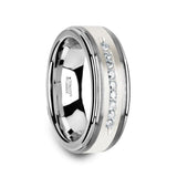 HARPER Tungsten Wedding Band with Raised Center & Brushed Silver Inlay and 9 Channel Set White Diamonds