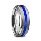 LAWSON Men’s Beveled Edges White Tungsten Brushed Finish Wedding Ring with Blue Stripe