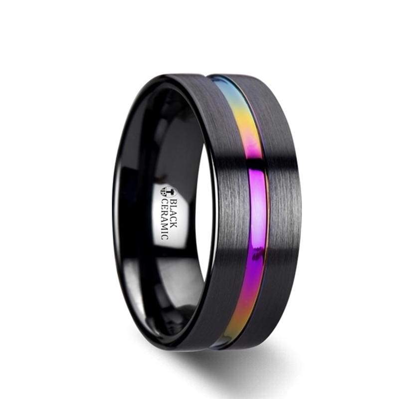 Azure Flat Black Ceramic Ring Brushed With Rainbow Groove - Mens Rings