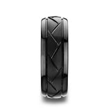 ENIGMA Domed Black Tungsten Ring with Brushed Cross Alternating Diagonal Cuts Pattern