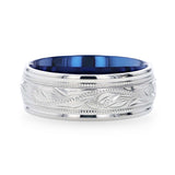 MARINER Titanium Milgrain Engraved Finish Men 's Wedding Ring with Blue Plating Inside