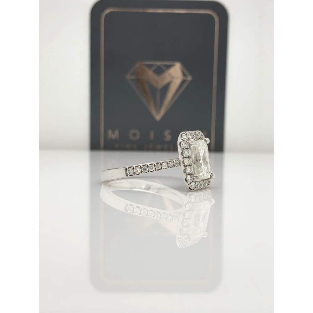 Melody ~ 18Kw 8X6Mm Emerald Charles & Colvard F1 Moissanite Diamond Halo And Band - Ring