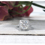 Savannah ~ 18Kw 7.5Mm Cushion Charles & Colvard Moissanite Diamond Halo And Band - Ring